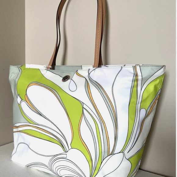 New Tory Burch Twisty Flower Ella Nylon Printed Tote Chartreuse - Picture 2 of 6